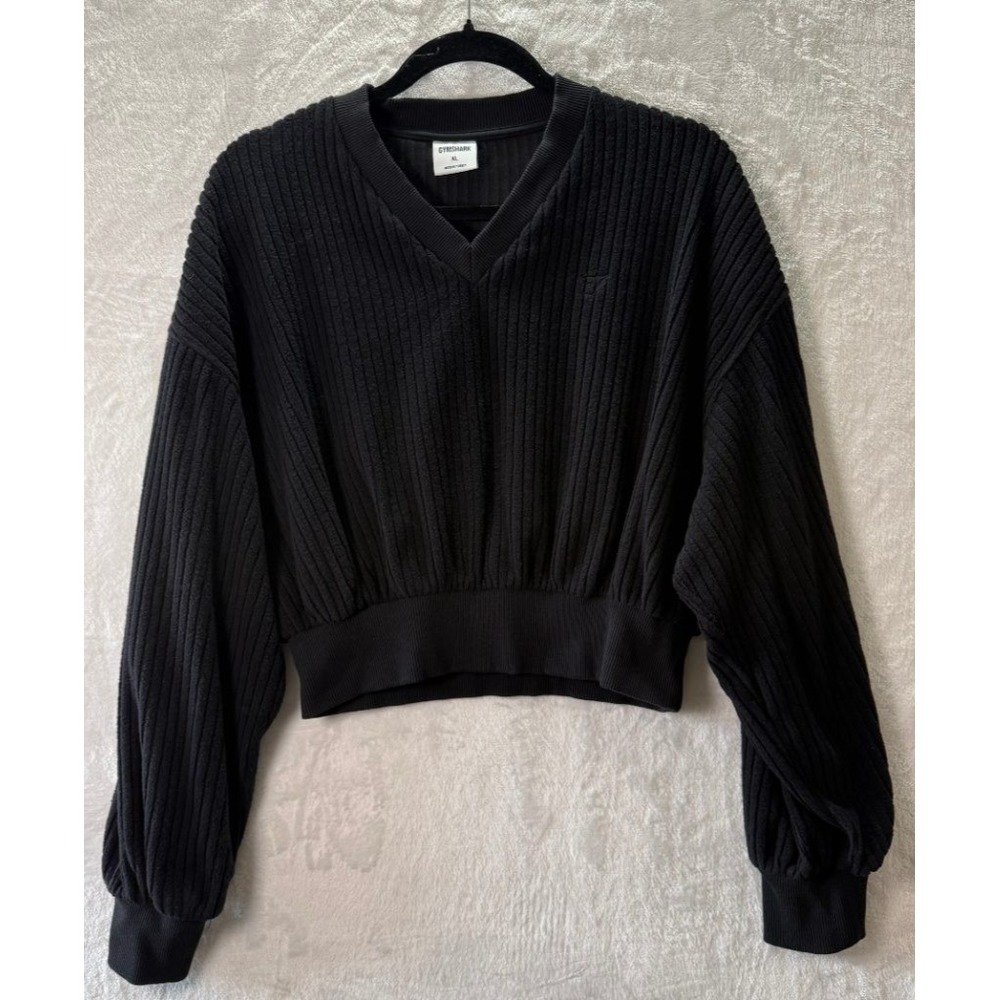 Gymshark XL Black Ribbed Corduroy V-Neck Cropped Pullover Sweatshirt Oversized